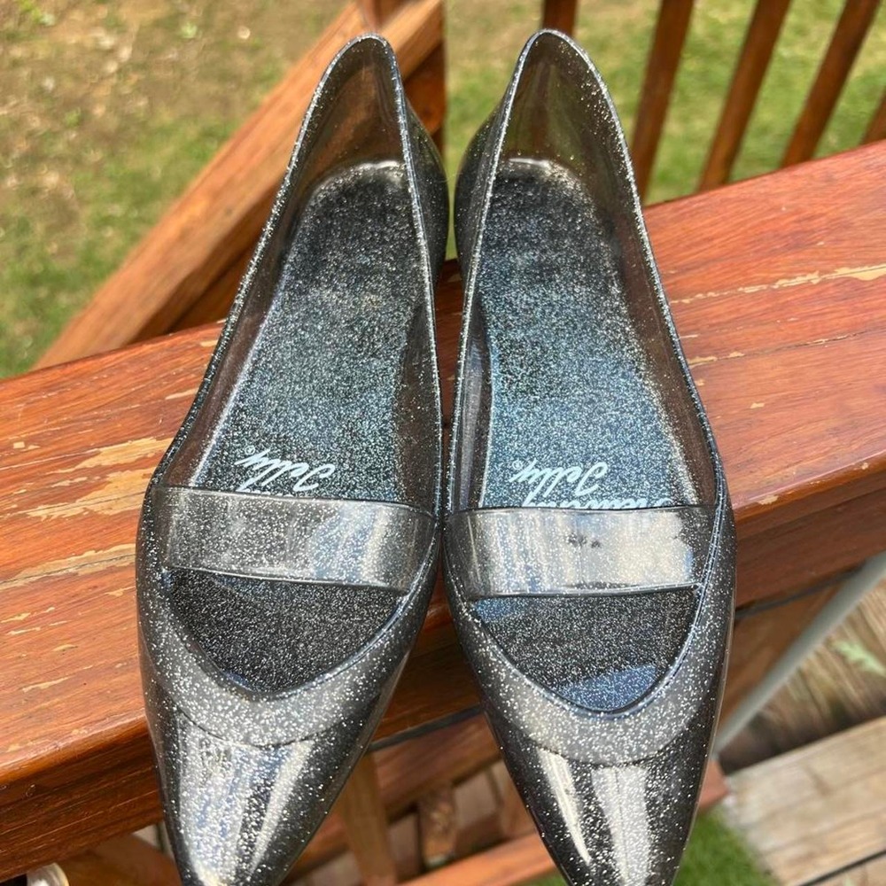 Heavenly Jelly Womens 7 Black Silver Glitter Jelly Ballet Flats Pointed Toe